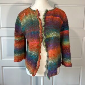 Handmade Knit Cardigan Sweater Womens Small Multicolor Open Front Ruffle